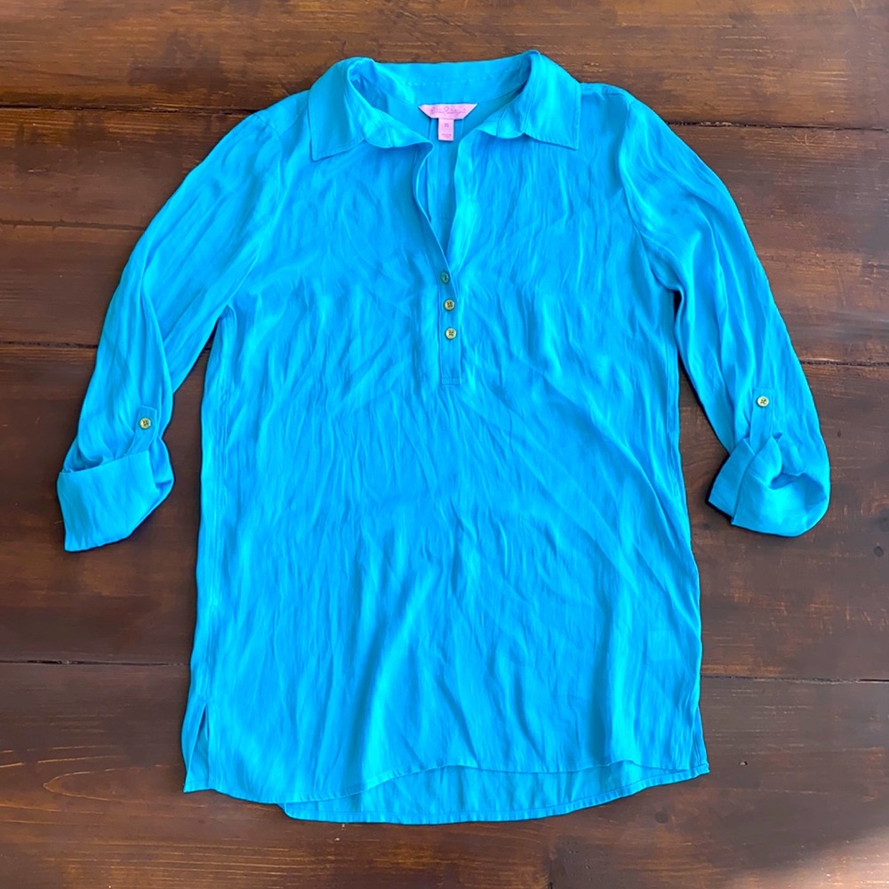 Lilly Pulitzer Bright Blue Satin Tunic Blouse XS